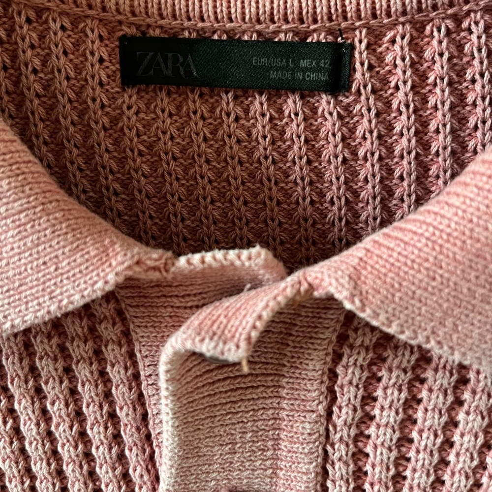 Zara Men’s Pink Long-Sleeve Button-Up Knit Polo Shirt Size L Waffle Knit - Picture 4 of 8